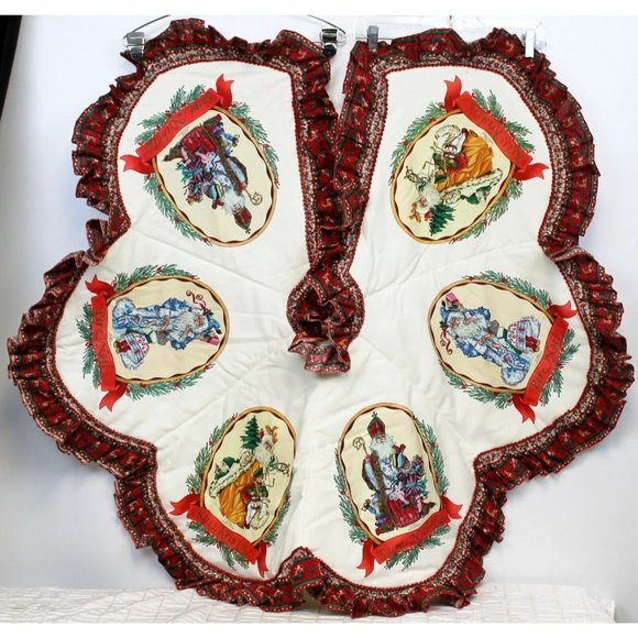 VTG 1980s Handmade Tree Skirt Cheryl Johnson Print Santa Sleigh Reindeer Trim - Picture 1 of 8